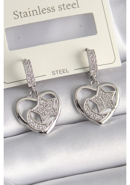 Pirinç Gümüş Renk Kalp Model Zirkon Taşlı Ay Yıldız Işlemeli Kadın Küpe - Lisinya