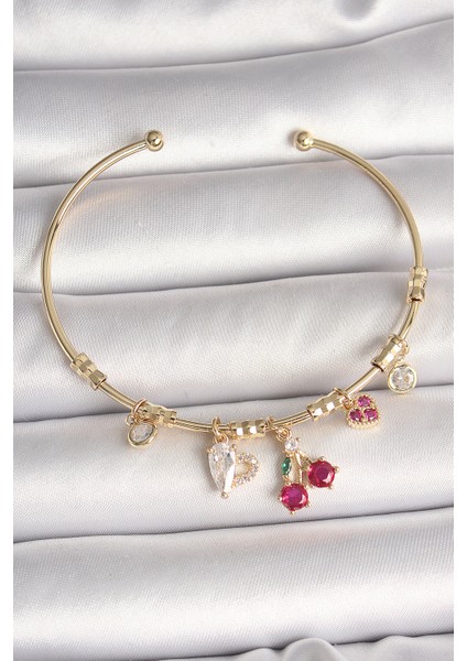 Pirinç Gold Renk Sallantı Kırmızı Zirkon Taşlı Kiraz Figür Charm Kadın Bileklik - Lisinya