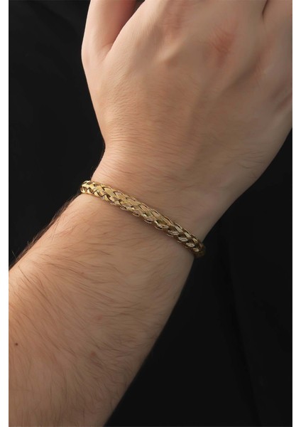 316L Çelik Altın Renk Kalın Yassı Örgü Model Erkek Bileklik - Lisinya modelleri