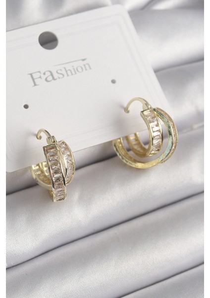 Pirinç Gold Renk Zirkon Taşlı Halka Model Kadın Küpe - Lisinya