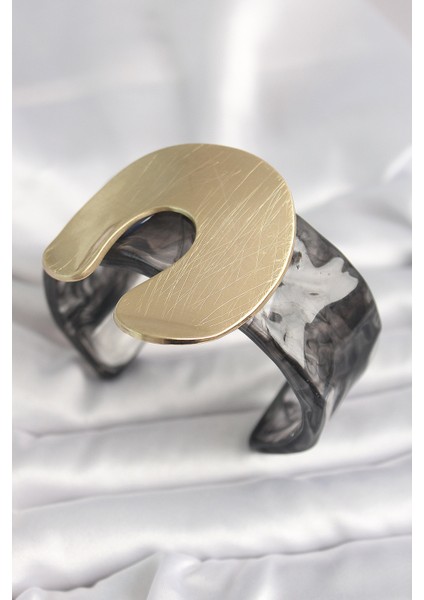 Siyah Mermer Desen Akrilik Plastik Gold Nal Model Plaka Vintage Kadın Bilezik - Lisinya