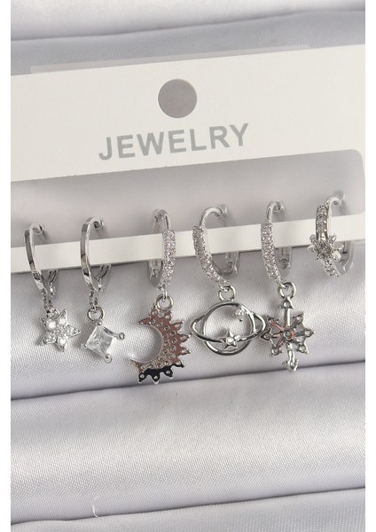 Pirinç Gümüş Renk Zirkon Taşlı Gezgen Model Kadın Küpe Seti - Lisinya