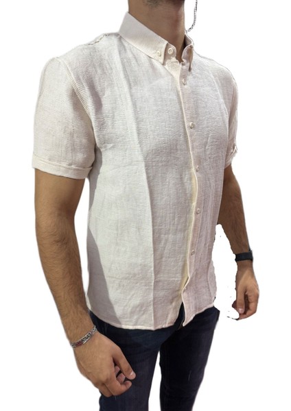 Erkek Krem Dokulu Kısa Kollu Gömlek