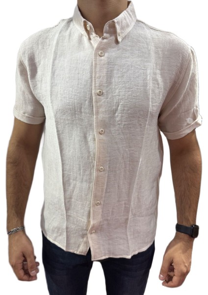 Erkek Krem Dokulu Kısa Kollu Gömlek modelleri