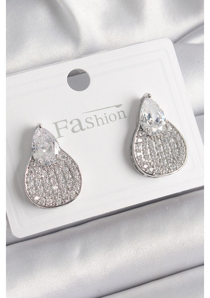 Pirinç Gümüş Renk Zirkon Taşlı Damla Model Kadın Küpe - Lisinya