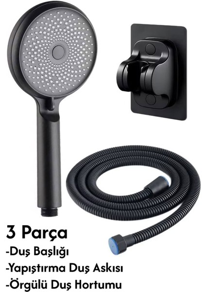 3 Fonksiyonlu Siyah Duş Başlığı Seti, Su Tasarruflu, Kolay Montaj