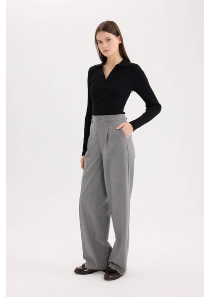 Klasik Kumaş Palazzo Pantolon Wide Leg Geniş Bol Paça Çift Cepli Yüksek Bel Standart Boy Basic Düz D4360AX25SP