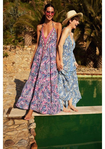 Regular Fit Etnik Desenli Boyundan Bağlamalı Maxi Plaj Elbisesi-Fall in Love E4581AX25SM