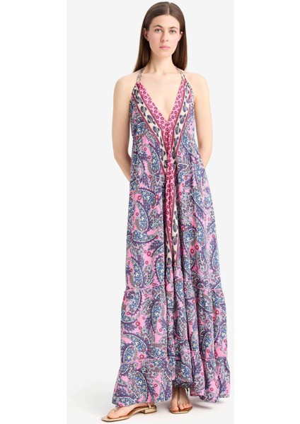 Regular Fit Etnik Desenli Boyundan Bağlamalı Maxi Plaj Elbisesi-Fall in Love E4581AX25SM