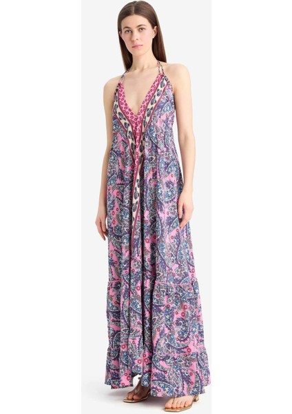 Regular Fit Etnik Desenli Boyundan Bağlamalı Maxi Plaj Elbisesi-Fall in Love E4581AX25SM