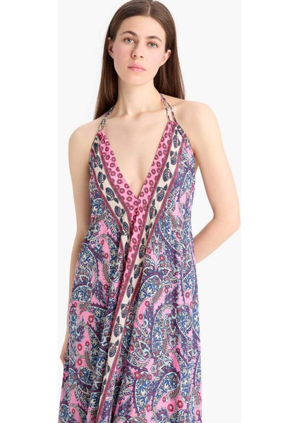 Regular Fit Etnik Desenli Boyundan Bağlamalı Maxi Plaj Elbisesi-Fall in Love E4581AX25SM