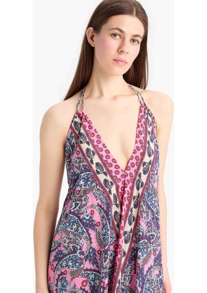 Regular Fit Etnik Desenli Boyundan Bağlamalı Maxi Plaj Elbisesi-Fall in Love E4581AX25SM