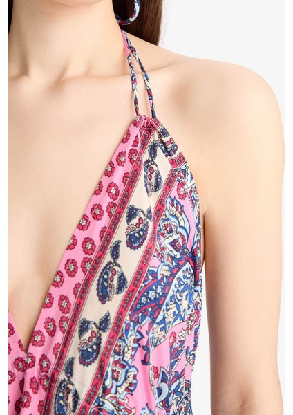 Regular Fit Etnik Desenli Boyundan Bağlamalı Maxi Plaj Elbisesi-Fall in Love E4581AX25SM