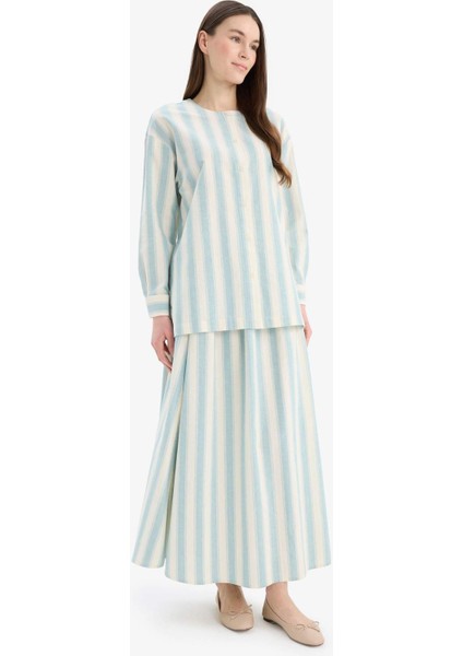 A Kesim Çizgili Keten Karışımlı Maxi Etek E4566AX25SP