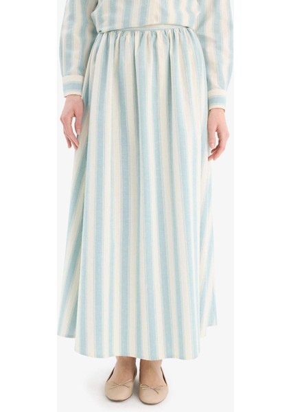 A Kesim Çizgili Keten Karışımlı Maxi Etek E4566AX25SP
