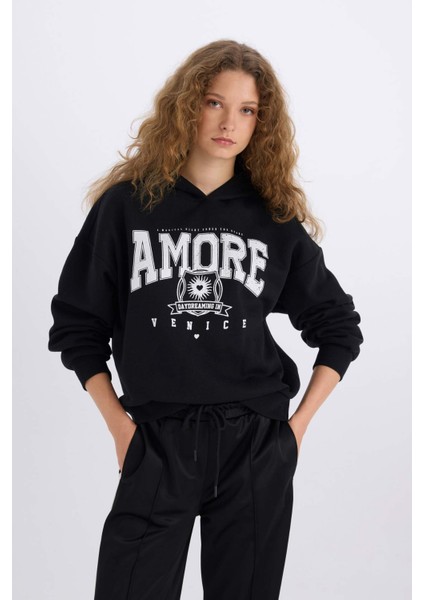 Loose Fit Kapüşonlu Baskılı Kalın Sweatshirt E3330AXNS