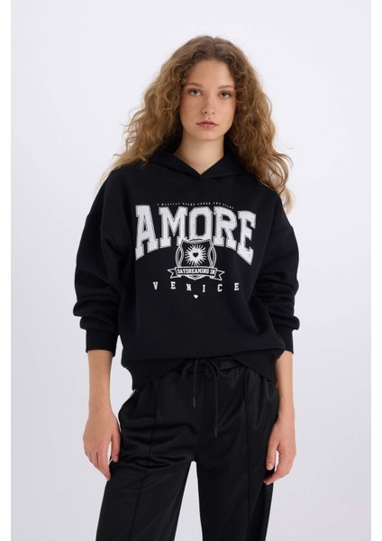 Loose Fit Kapüşonlu Baskılı Kalın Sweatshirt E3330AXNS