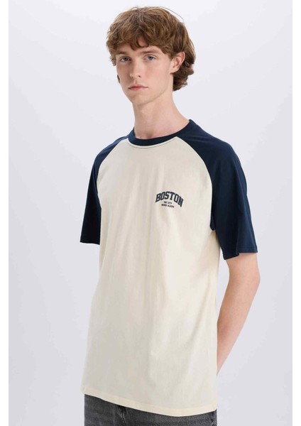 %100 Pamuk Boxy Fit Bisiklet Yaka Baskılı Kısa Kollu Tişört D5569AX25SP