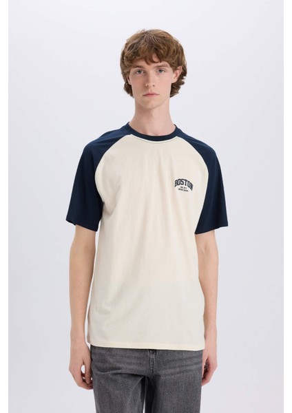 %100 Pamuk Boxy Fit Bisiklet Yaka Baskılı Kısa Kollu Tişört D5569AX25SP