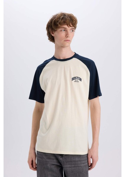 %100 Pamuk Boxy Fit Bisiklet Yaka Baskılı Kısa Kollu Tişört D5569AX25SP