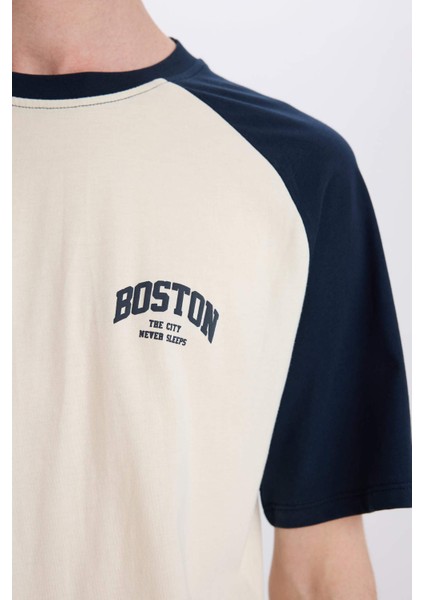 %100 Pamuk Boxy Fit Bisiklet Yaka Baskılı Kısa Kollu Tişört D5569AX25SP