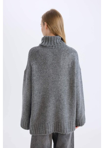 Oversize Geniş Kalıp Balıkçı Yaka Basic Düz Triko Kazak Tunik A6445AX24CW