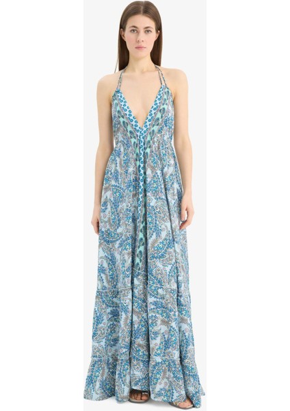 Regular Fit Etnik Desenli Boyundan Bağlamalı Maxi Plaj Elbisesi-Fall in Love E4581AX25SM