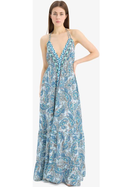 Regular Fit Etnik Desenli Boyundan Bağlamalı Maxi Plaj Elbisesi-Fall in Love E4581AX25SM