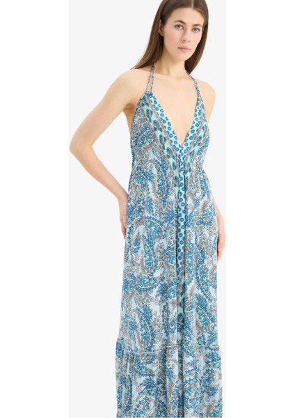 Regular Fit Etnik Desenli Boyundan Bağlamalı Maxi Plaj Elbisesi-Fall in Love E4581AX25SM