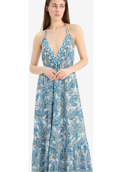 Regular Fit Etnik Desenli Boyundan Bağlamalı Maxi Plaj Elbisesi-Fall in Love E4581AX25SM