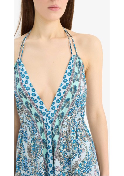 Regular Fit Etnik Desenli Boyundan Bağlamalı Maxi Plaj Elbisesi-Fall in Love E4581AX25SM