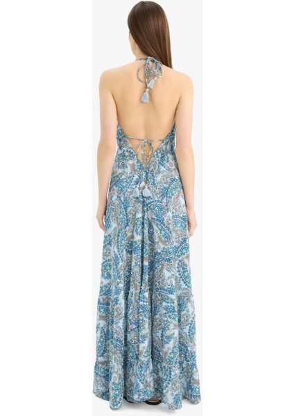 Regular Fit Etnik Desenli Boyundan Bağlamalı Maxi Plaj Elbisesi-Fall in Love E4581AX25SM