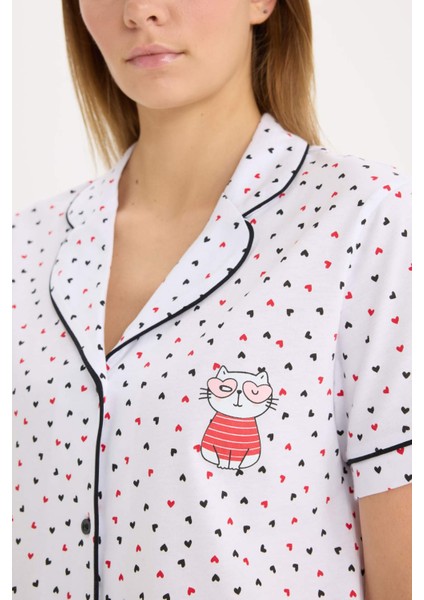 Pijama Takımı Kısa Kollu Düğmeli Üst Esnek Belli Uzun Alt-Fall in Love