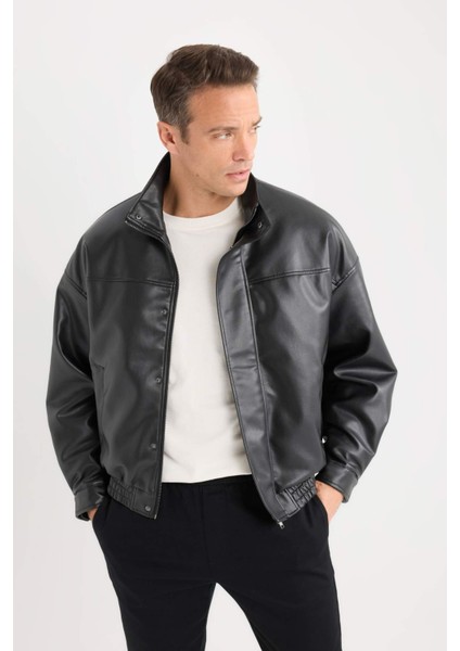Su İtici Oversize Fit Geniş Kalıp Dik Yaka İç Cepli Çıtçıt Kapamalı Beli Lastikli Deri Ceket Mont D2427AX25SP