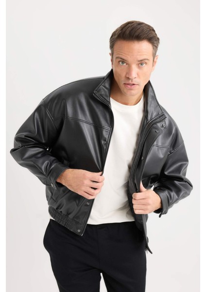Su İtici Oversize Fit Geniş Kalıp Dik Yaka İç Cepli Çıtçıt Kapamalı Beli Lastikli Deri Ceket Mont D2427AX25SP