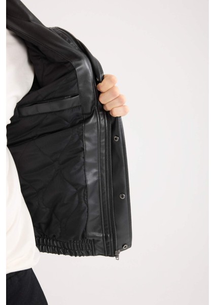 Su İtici Oversize Fit Geniş Kalıp Dik Yaka İç Cepli Çıtçıt Kapamalı Beli Lastikli Deri Ceket Mont D2427AX25SP