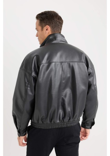 Su İtici Oversize Fit Geniş Kalıp Dik Yaka İç Cepli Çıtçıt Kapamalı Beli Lastikli Deri Ceket Mont D2427AX25SP