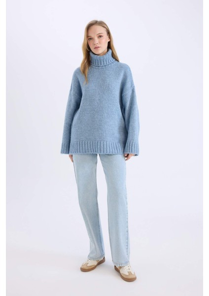 Oversize Geniş Kalıp Balıkçı Yaka Basic Düz Triko Kazak Tunik A6445AX24CW