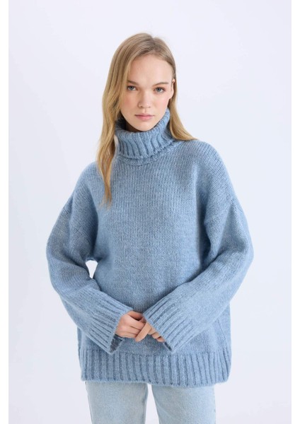 Oversize Geniş Kalıp Balıkçı Yaka Basic Düz Triko Kazak Tunik A6445AX24CW