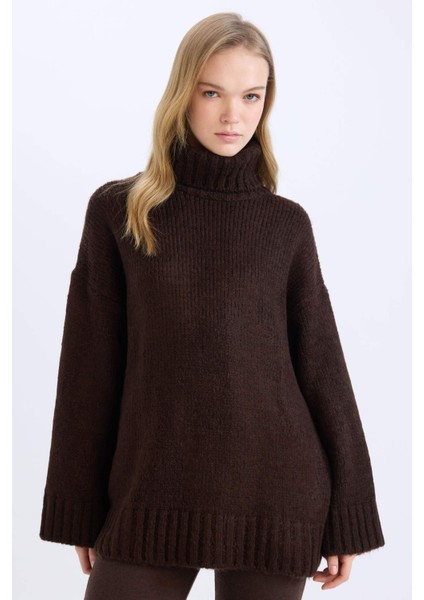 Oversize Geniş Kalıp Balıkçı Yaka Basic Düz Triko Kazak Tunik A6445AX24CW