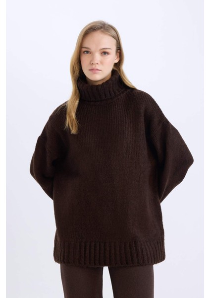 Oversize Geniş Kalıp Balıkçı Yaka Basic Düz Triko Kazak Tunik A6445AX24CW