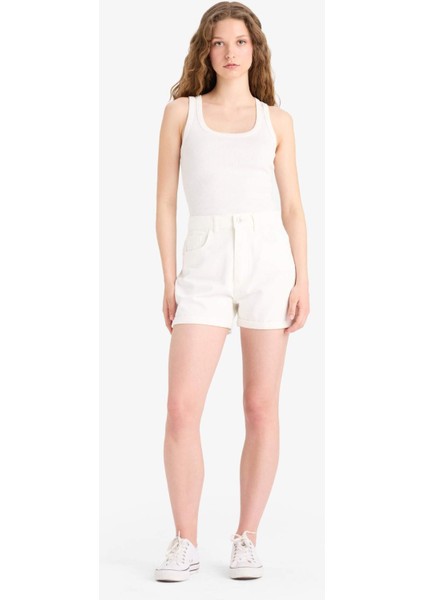 Mom Fit Yüksek Bel Katlamalı Paça Jean Şort E4695AX25SM