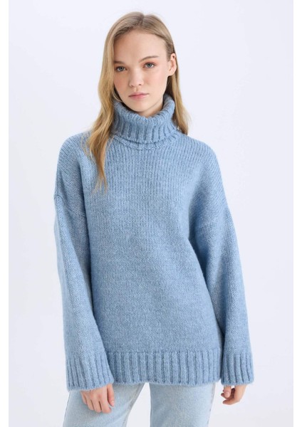 Oversize Geniş Kalıp Balıkçı Yaka Basic Düz Triko Kazak Tunik A6445AX24CW