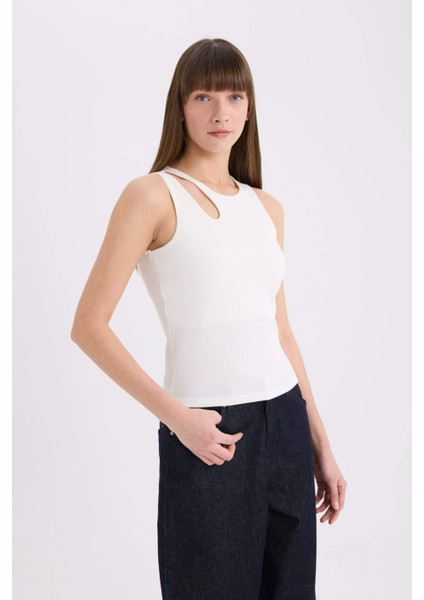 Slim Fit Dar Kesim Bisiklet Yaka Fitilli Kaşkorse Beyaz Atlet A3422AX25SP