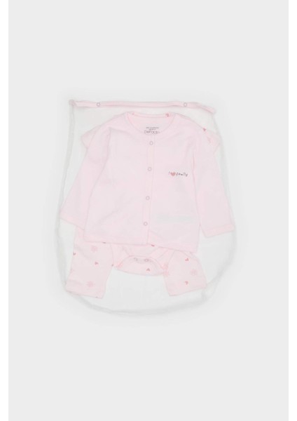 Kız Bebek Hastane Çıkışı 4'lü Takım Desenli Uzun Kollu Tişört Çıtçıtlı Kısa Kollu Body Beli Lastikli Alt Bere