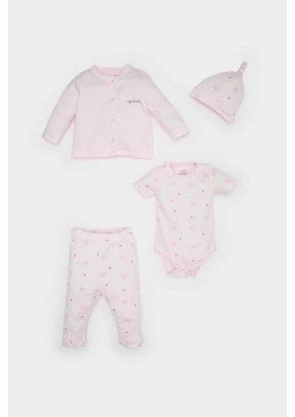 Kız Bebek Hastane Çıkışı 4'lü Takım Desenli Uzun Kollu Tişört Çıtçıtlı Kısa Kollu Body Beli Lastikli Alt Bere