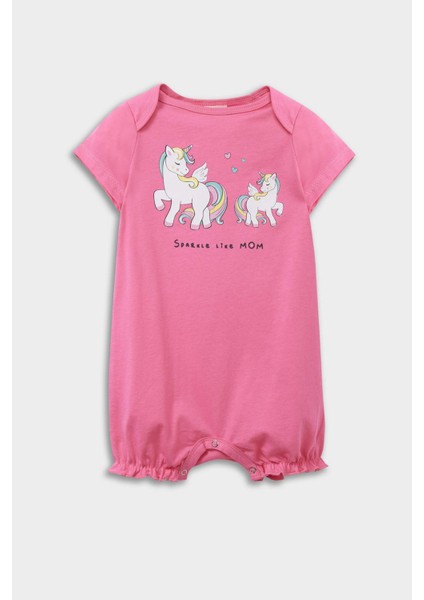 Kız Bebek Yenidoğan Unicorn Baskılı Penye 2'li Kısa Kollu Tulum E4025A525HS