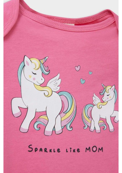Kız Bebek Yenidoğan Unicorn Baskılı Penye 2'li Kısa Kollu Tulum E4025A525HS