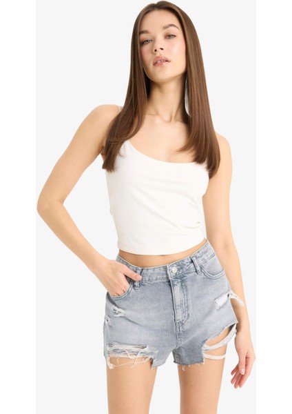 Yüksek Bel Paça Ucu Kesik Jean Şort
