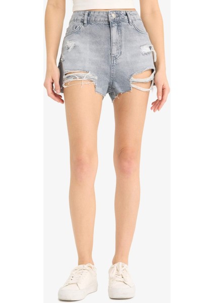 Yüksek Bel Paça Ucu Kesik Jean Şort